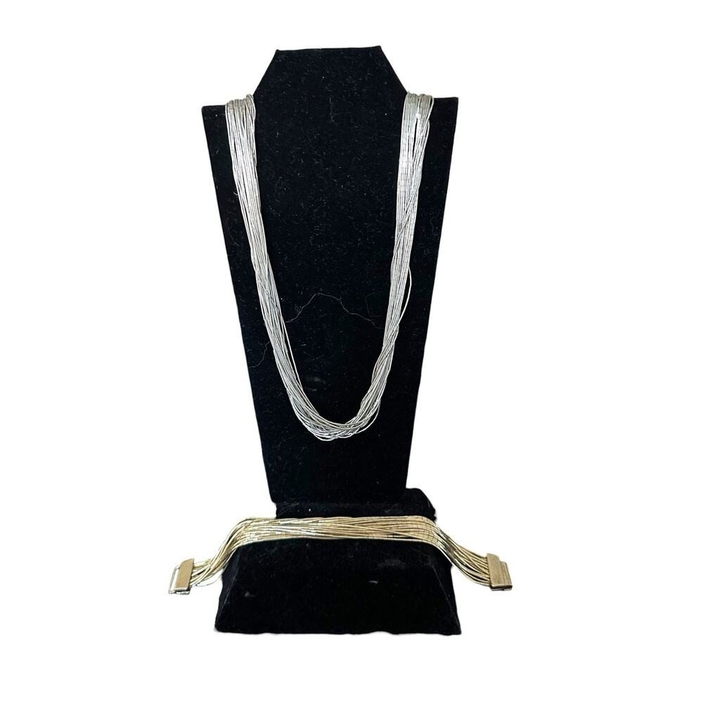 Navajo Liquid 925 Marked Silver 30 Strand Necklace, 10 Strand Bracelet 30” Long